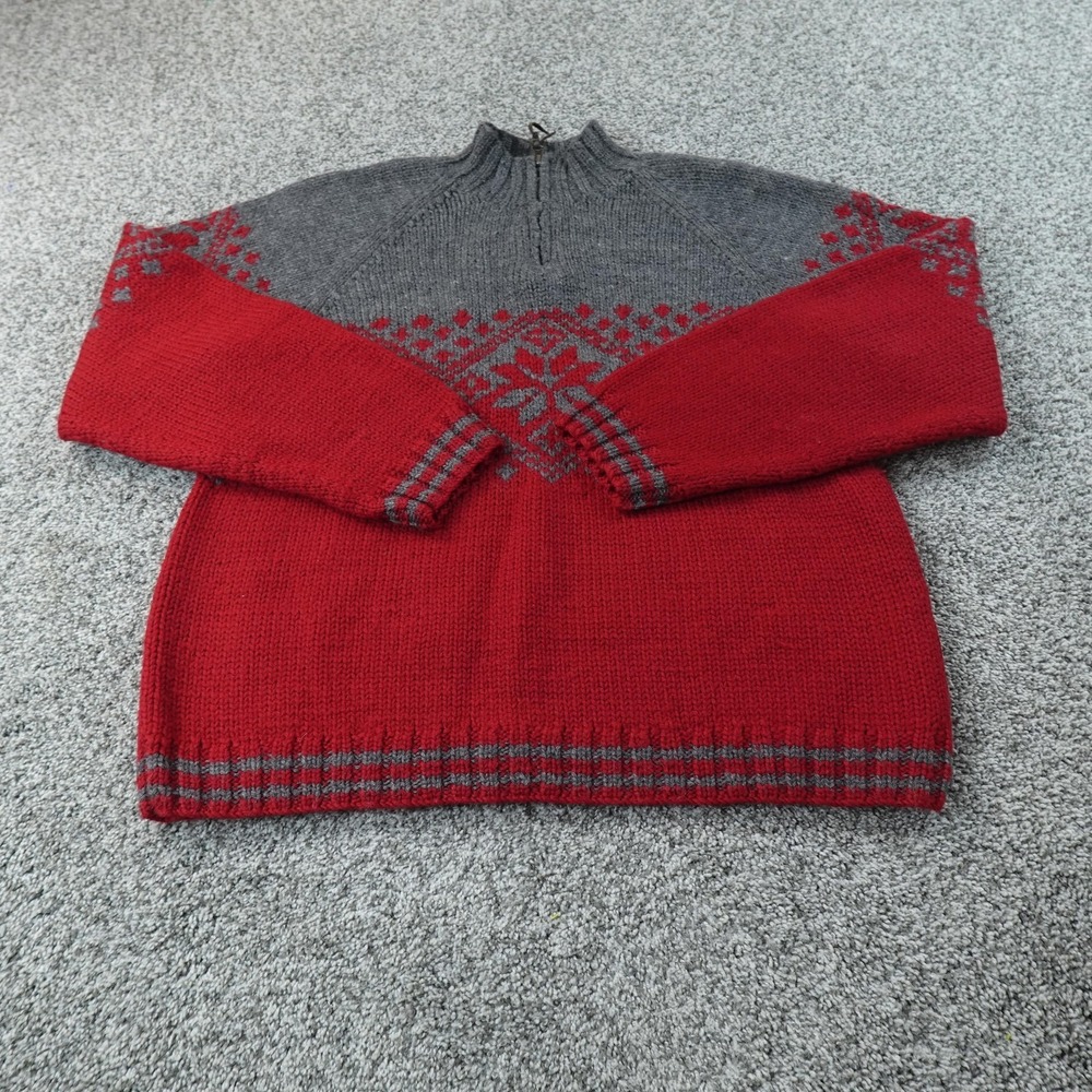 VTG J Crew Sweater Mens M Red Gray Nordic Fair Isle Wool 1/4 Zip Pullover Knit - Picture 1 of 7